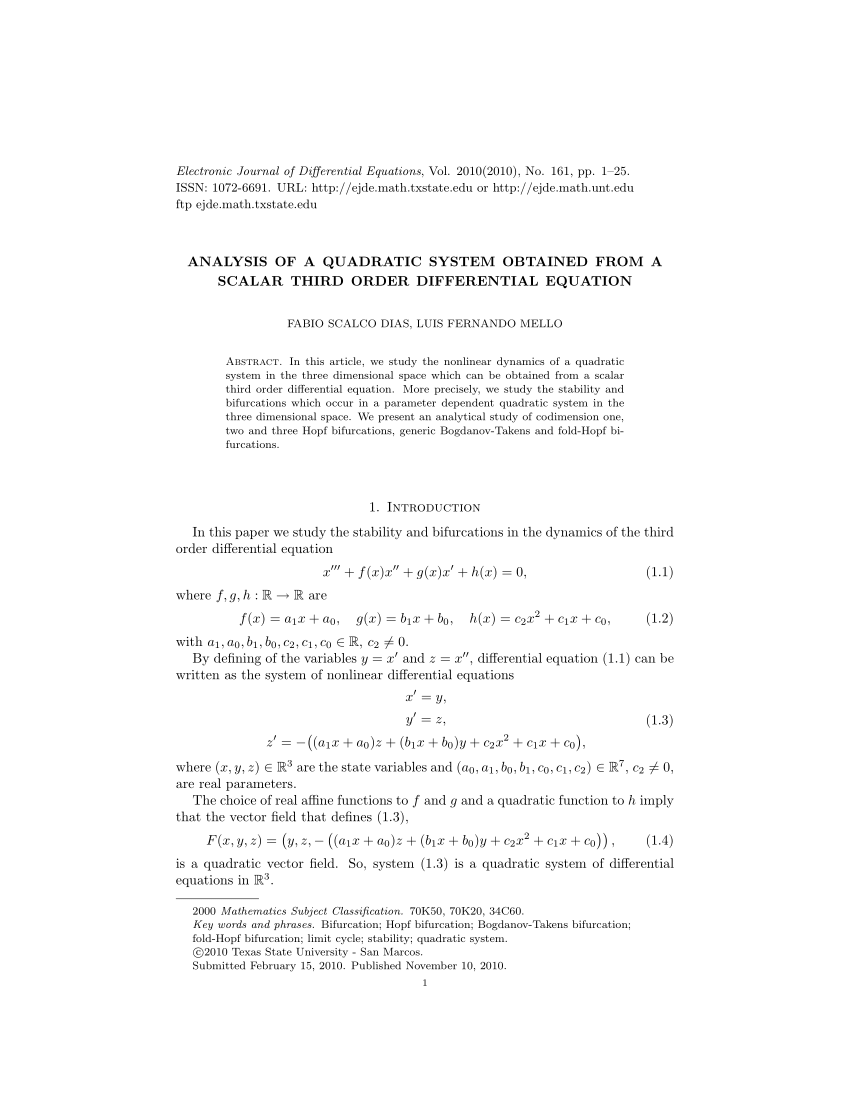 Pdf Analysis Of A Quadratic System Obtained From A Scalar Third Order Differential Equation