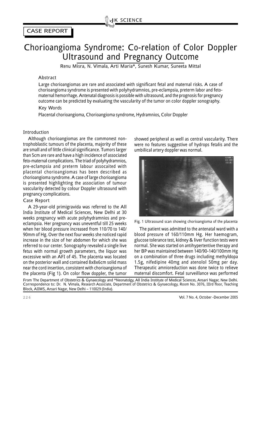Pdf Chorioangioma Syndrome Co Relation Of Color Doppler Ultrasound And Pregnancy Outcome 5548