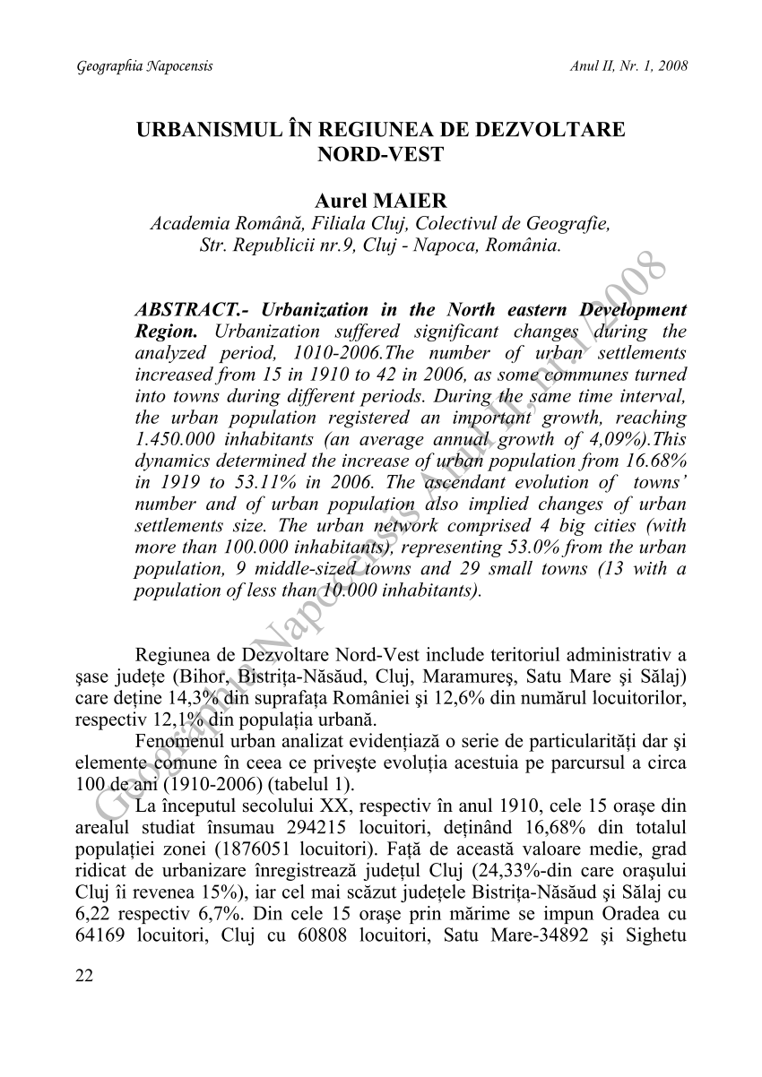 Pdf Urbanismul In Regiunea De Dezvoltare Nord Vest