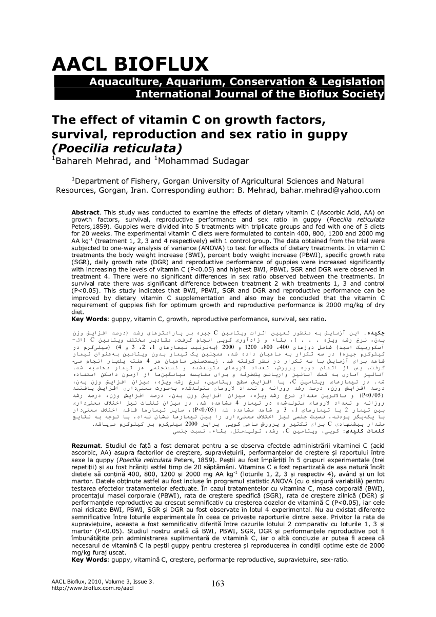 Pdf The Effect Of Vitamin C On Growth Factors Survival Reproduction And Sex Ratio In Guppy Poecilia Reticulata