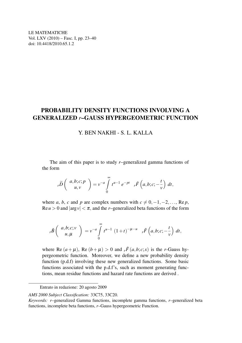 Pdf Probability Density Function Involving A Generalized R Gauss Hypergeometric Function