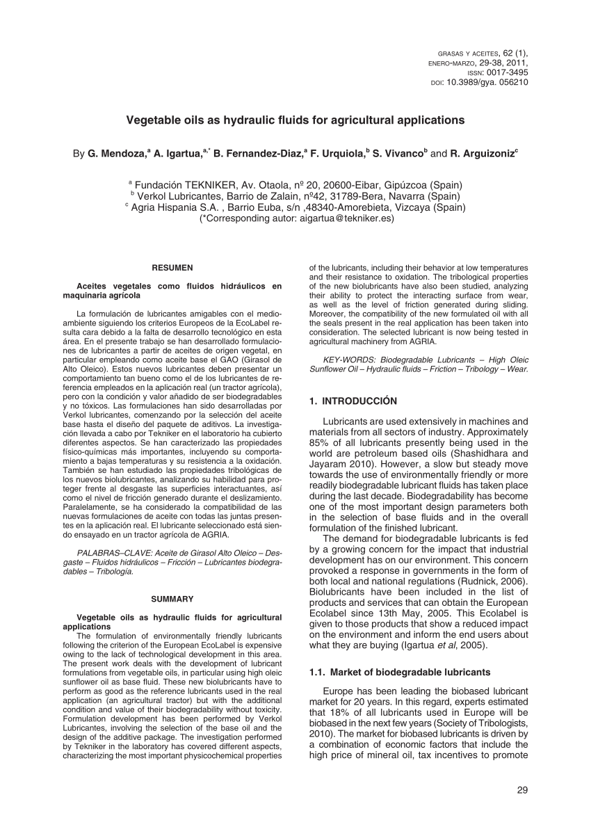 Pdf Vegetable Oils As Hydraulic Fluids For Agricultural Applications