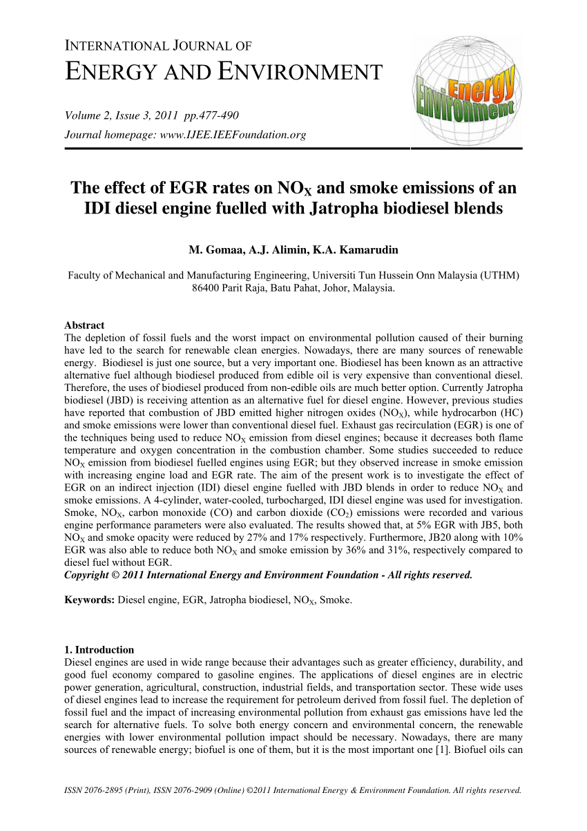 PDF) The effect of EGR rates on NOX and smoke emissions of an IDI diesel  engine fuelled with Jatropha biodiesel blends