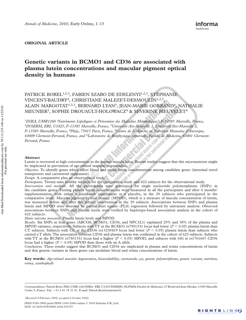 Pdf Genetic Variants In Bcmo1 And Cd36 Are Associated With Plasma Lutein Concentrations And Macular Pigment Optical Density In Humans