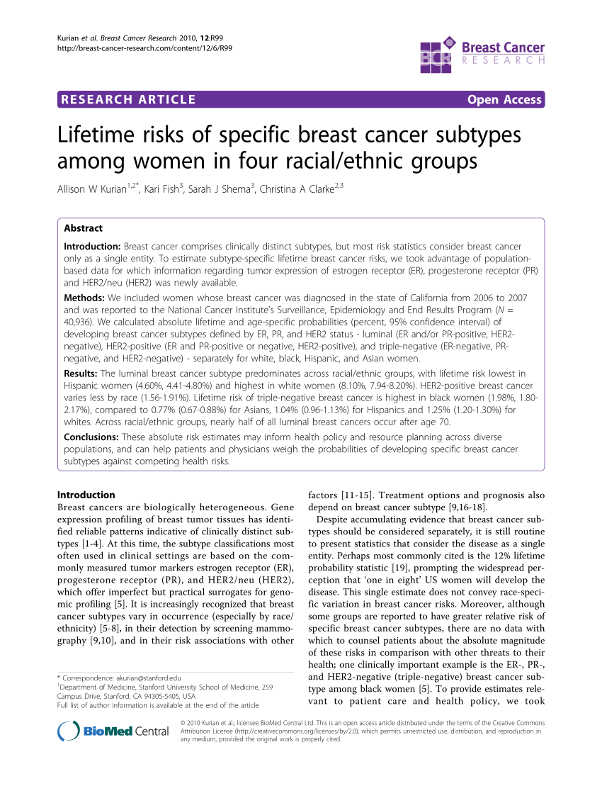Pdf Lifetime Risks Of Specific Breast Cancer Subtypes Among Women In Four Racial Ethnic Groups