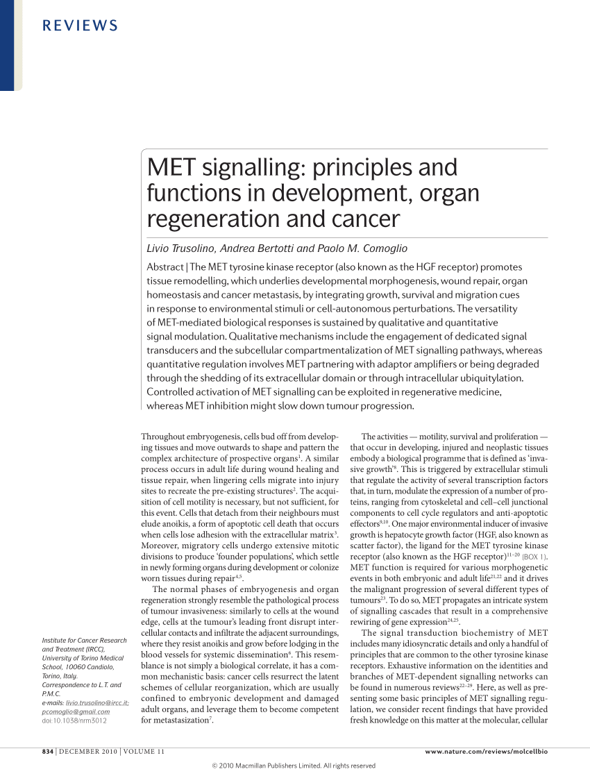 PDF) MET signalling: Principles and functions in development 