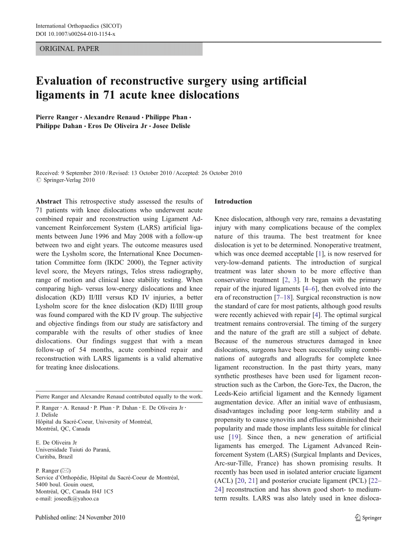 PDF) Evaluation of reconstructive surgery using artificial ligaments in 71  acute knee dislocations