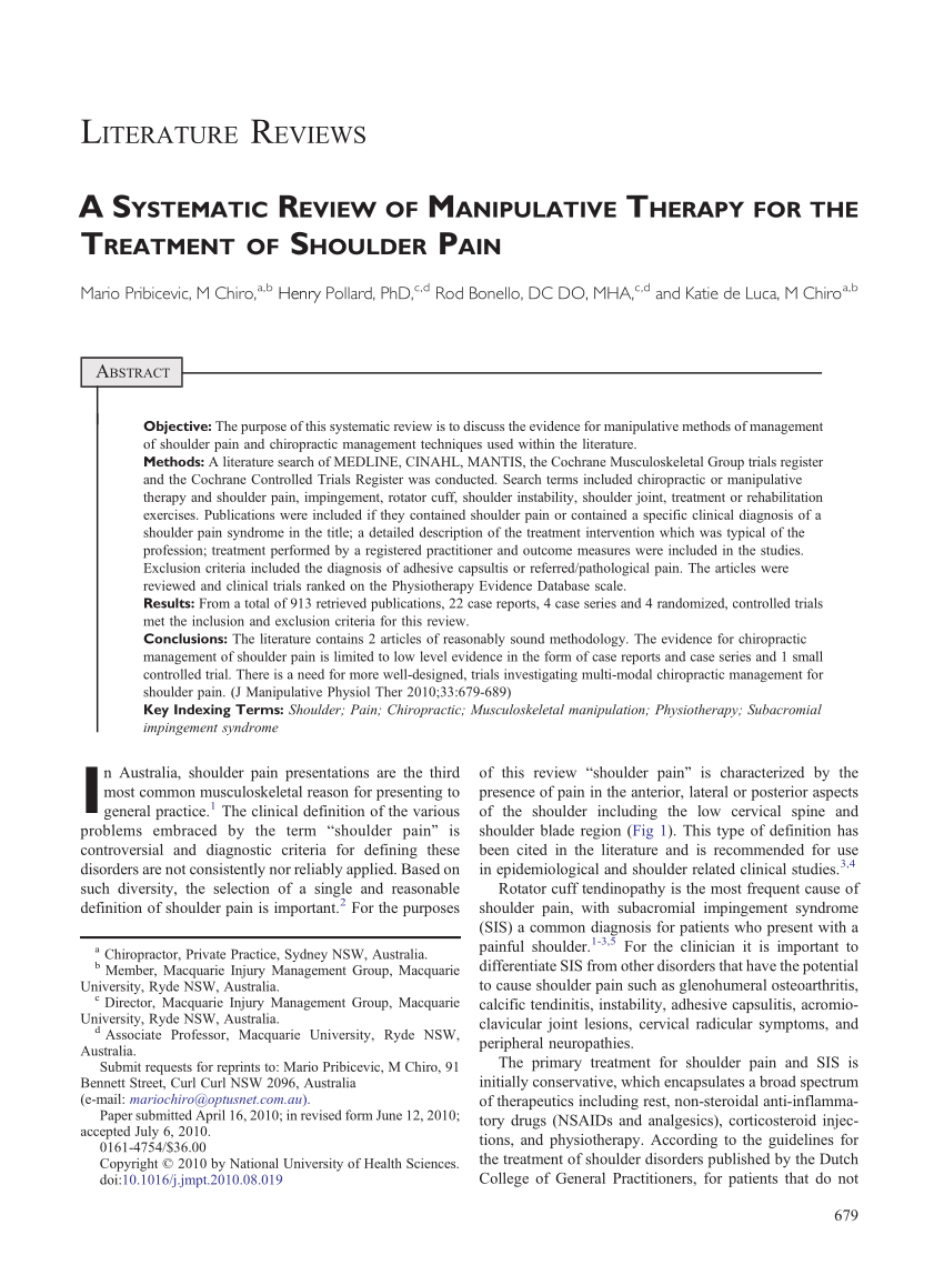 PDF) A Systematic Review of Manipulative Therapy for the Treatment of  Shoulder Pain