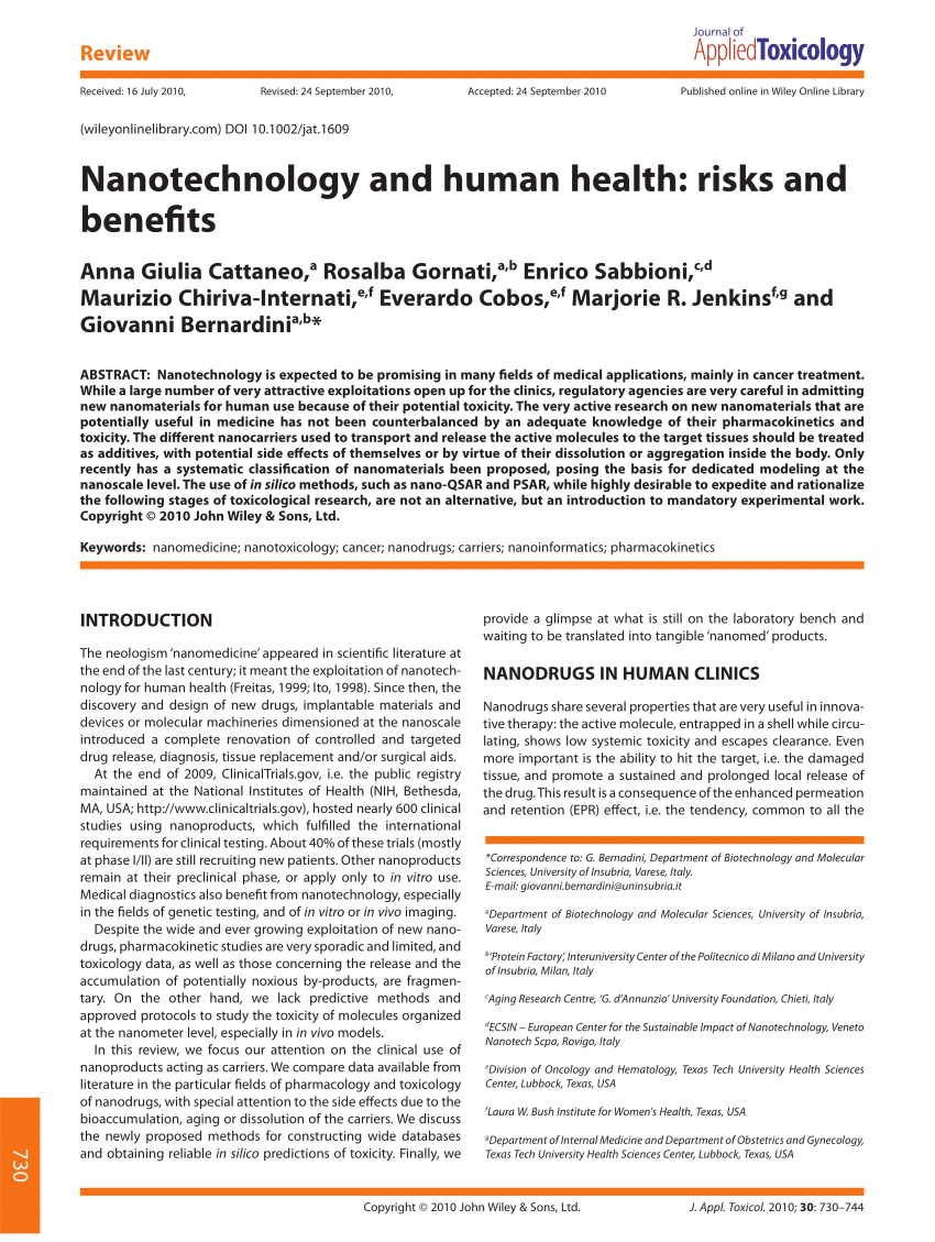 Pdf Nanotechnology And Human Health Risks And Benefits