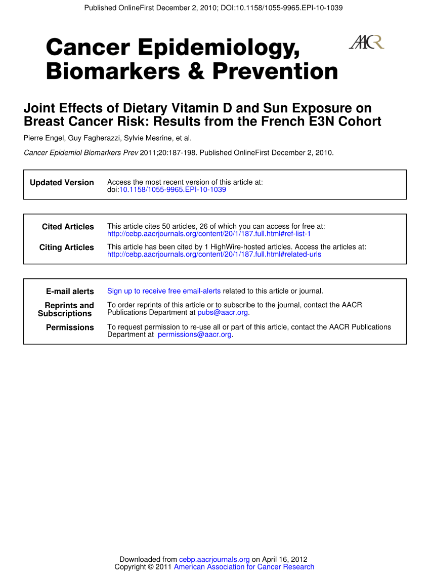 Pdf Joint Effects Of Dietary Vitamin D And Sun Exposure On Breast Cancer Risk Results From The French n Cohort