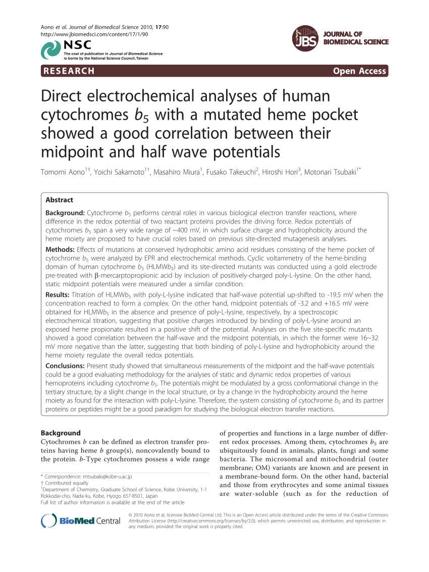 Pdf Direct Electrochemical Analyses Of Human Cytochromes B5 With A Mutated Heme Pocket Showed A Good Correlation Between Their Midpoint And Half Wave Potentials