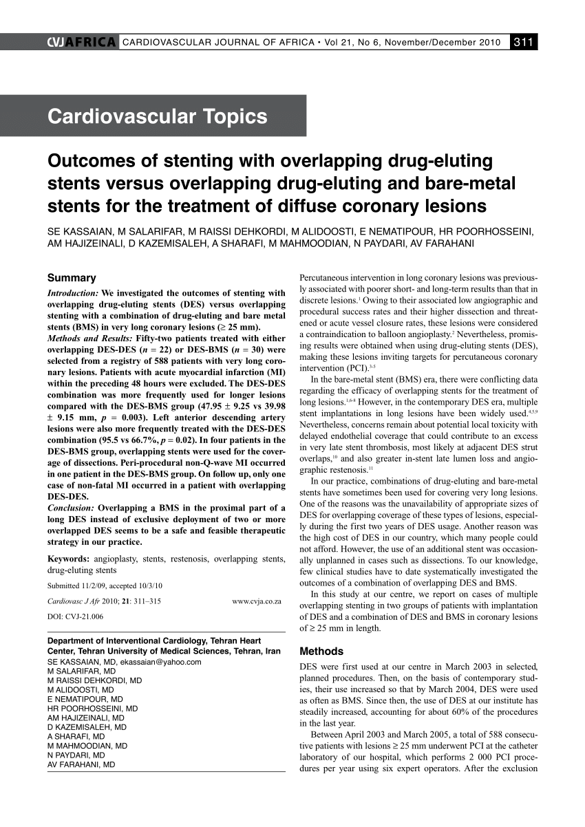 Pdf Outcomes Of Stenting With Overlapping Drug Eluting Stents Versus