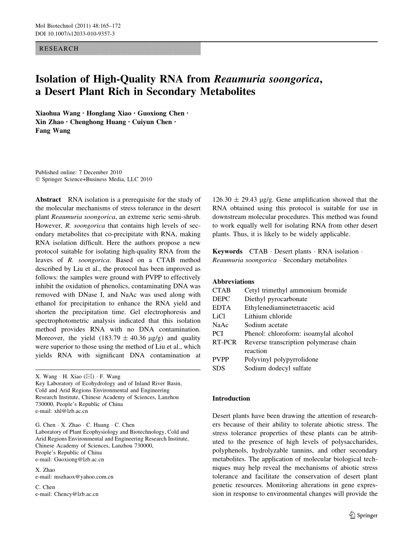 Pdf Isolation Of High Quality Rna From Reaumuria Soongorica A Desert Plant Rich In Secondary Metabolites