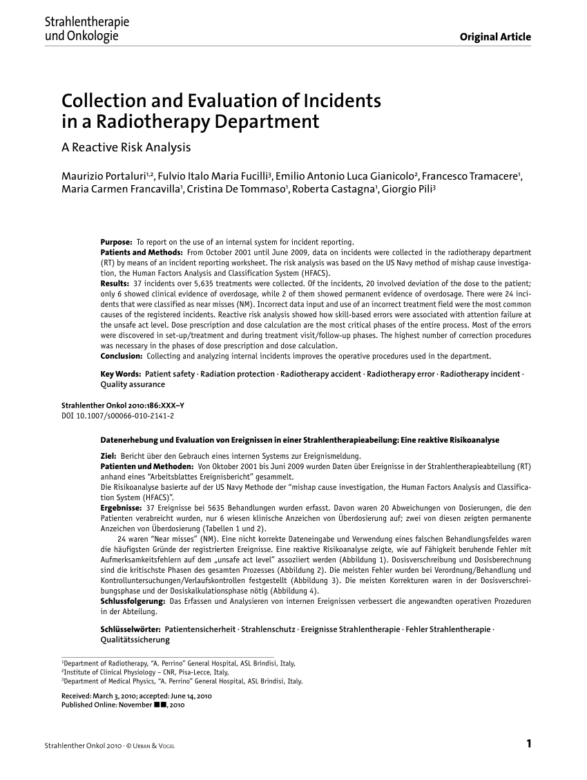 Pdf Collection And Evaluation Of Incidents In A Radiotherapy Department