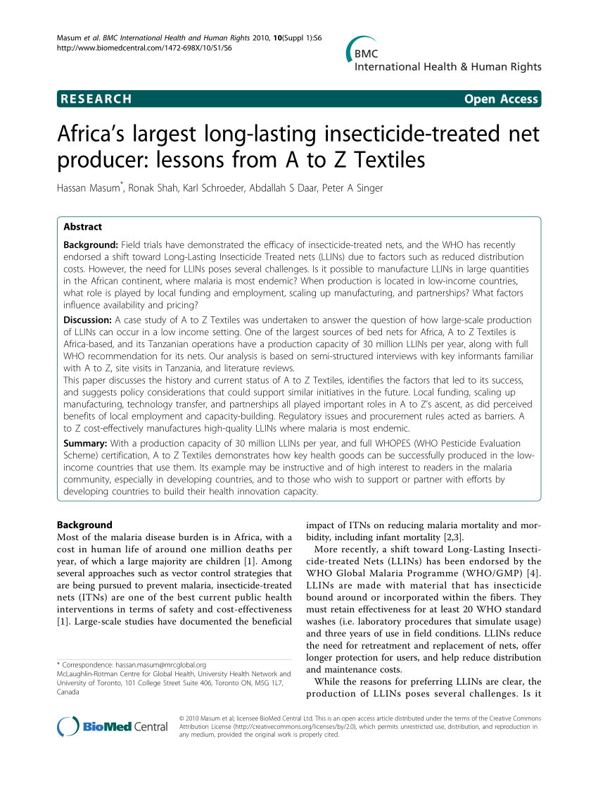 PDF) Africa's largest long-lasting insecticide-treated net producer:  Lessons from A to Z Textiles
