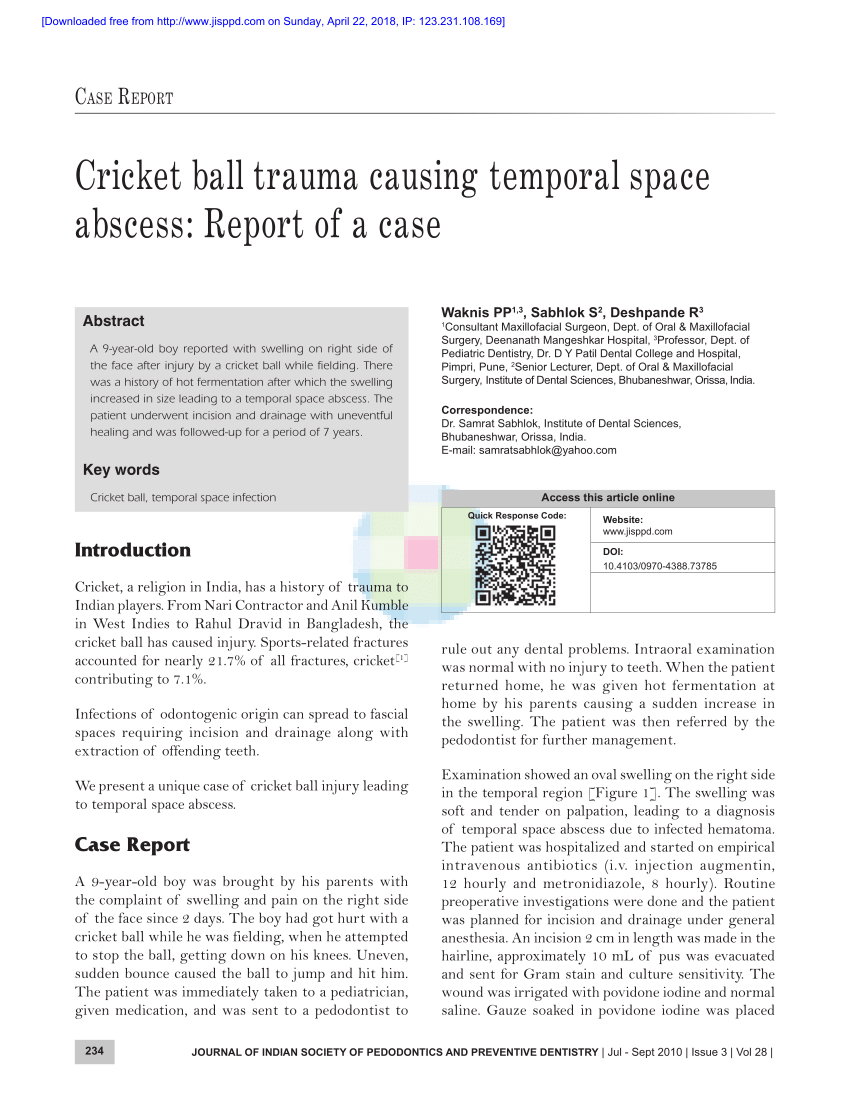 Pdf Cricket Ball Trauma Causing Temporal Space Abscess Report Of