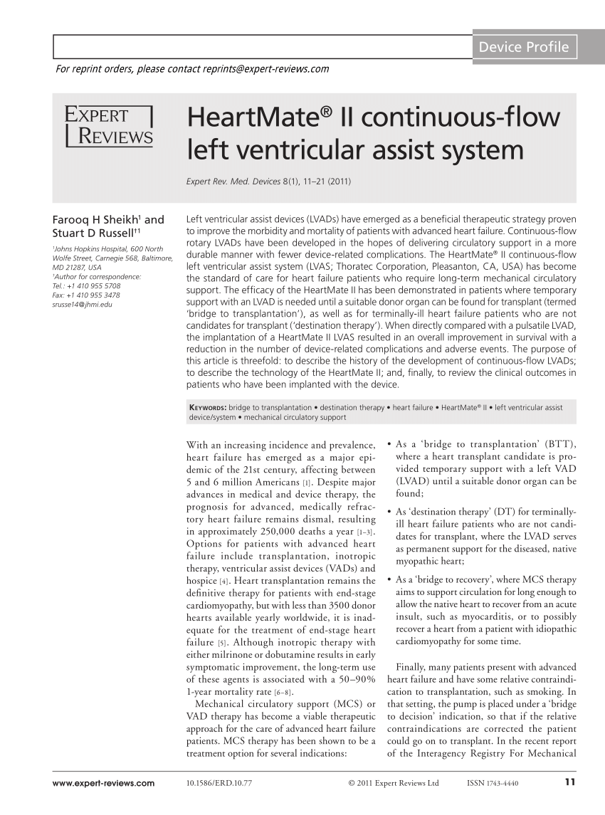 Pdf Heartmate Ii Continuous Flow Left Ventricular Assist System