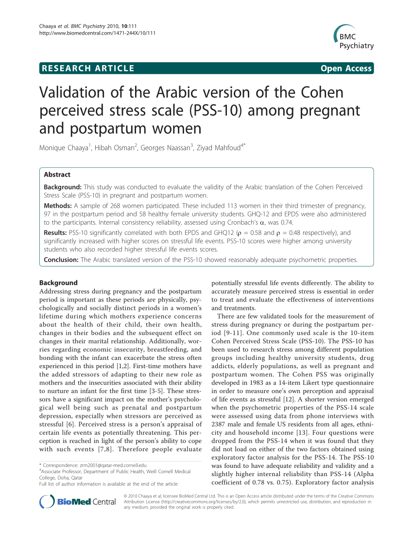 Pdf Validation Of The Arabic Version Of The Cohen Perceived Stress Scale Pss 10 Among 5670