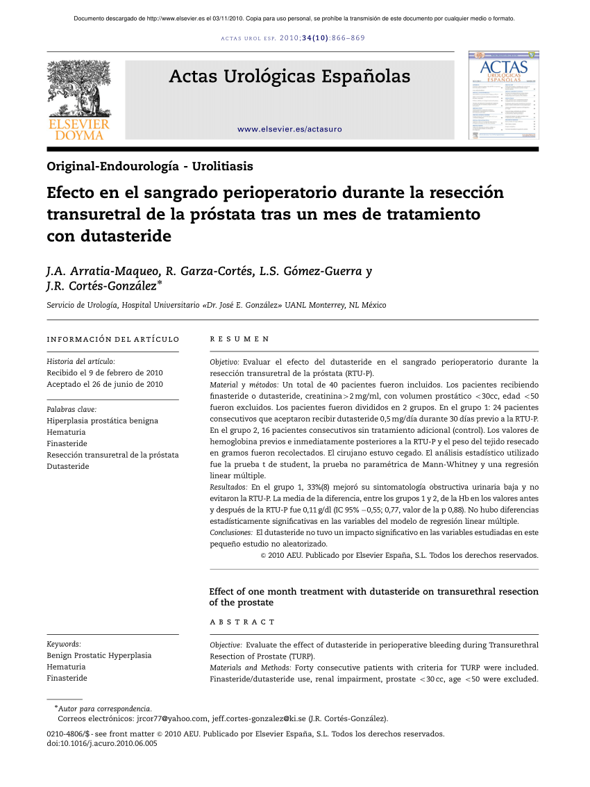 Pdf Effect Of One Month Treatment With Dutasteride On Transurethral Resection Of The Prostate 3202