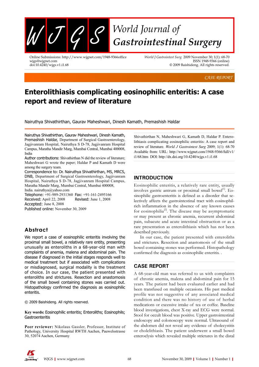 Pdf Enterolithiasis Complicating Eosinophilic Enteritis A Case Report And Review Of Literature 