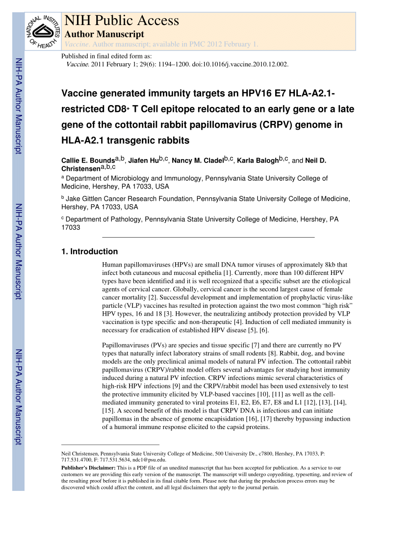 Pdf Vaccine Generated Immunity Targets An Hpv16 E7 Hla A2 1