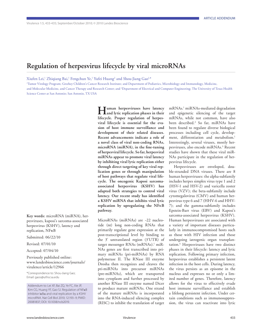 (PDF) Regulation of herpes virus lifecycle by viral microRNAs