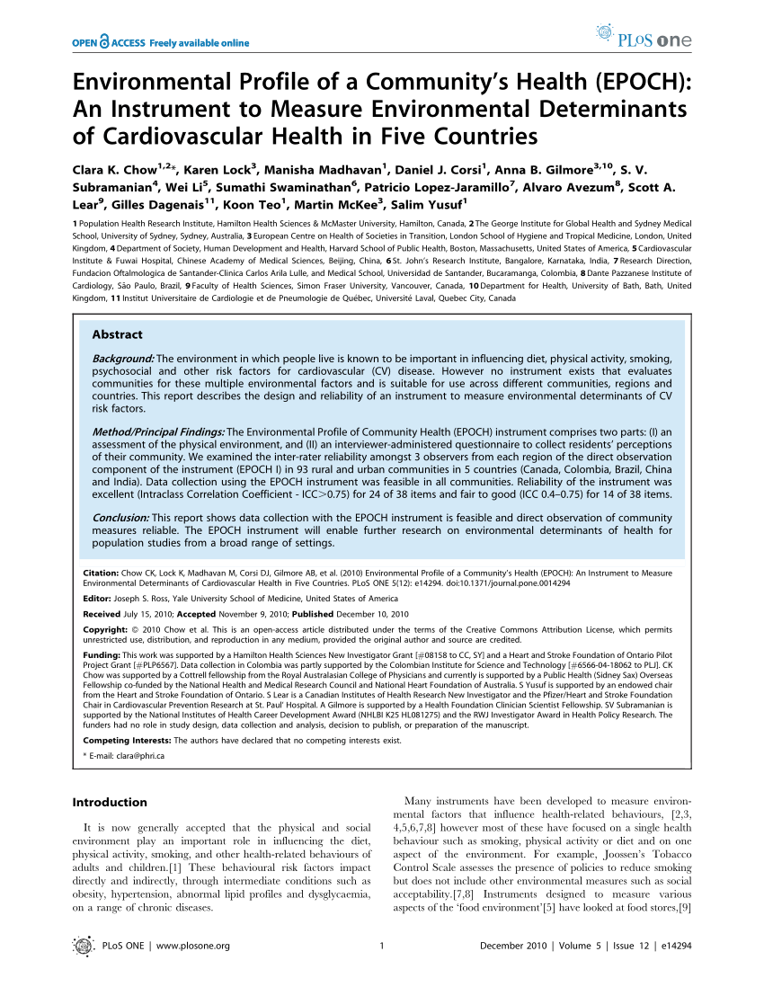 Pdf Environmental Profile Of A Community S Health Epoch An Instrument To Measure Environmental Determinants Of Cardiovascular Health In Five Countries