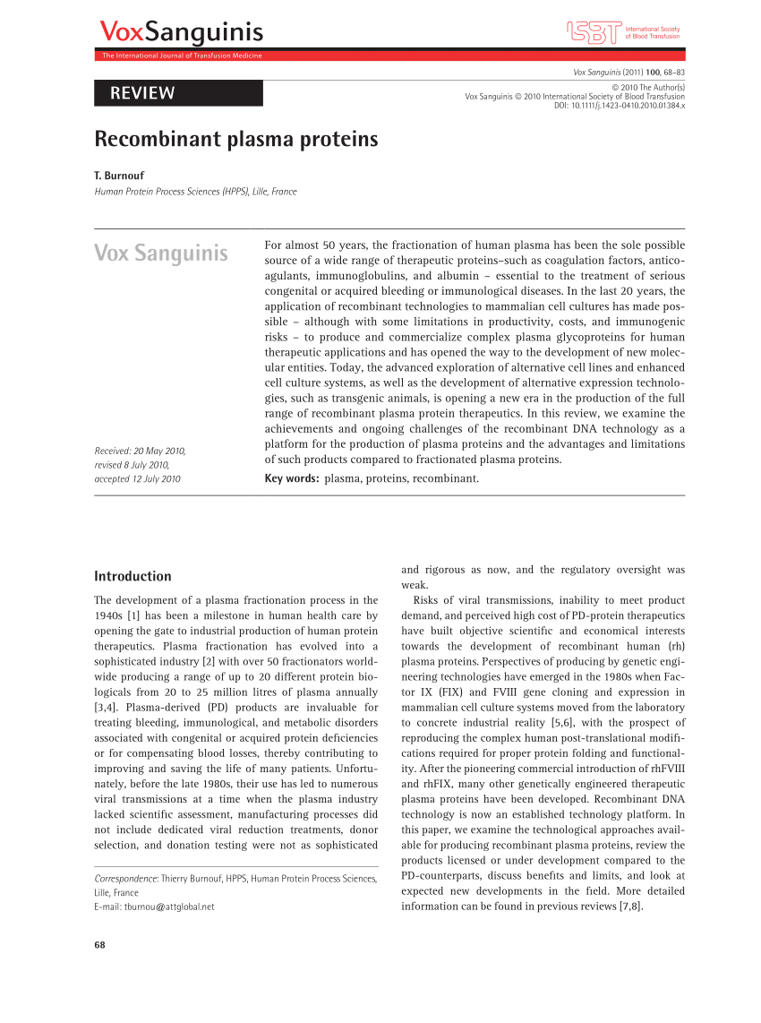 Pdf Recombinant Plasma Proteins