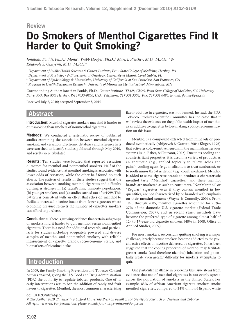 Pdf Do Smokers Of Menthol Cigarettes Find It Harder To Quit Smoking