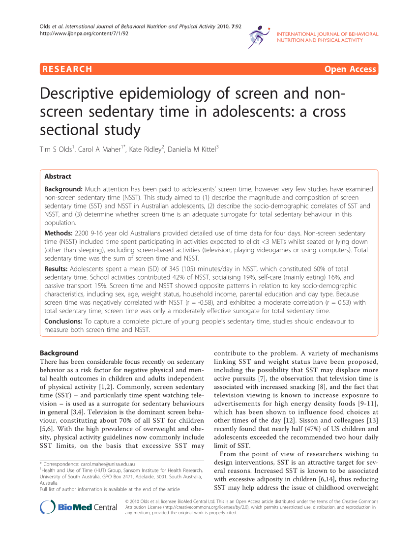 PDF) Descriptive epidemiology of screen and non-screen sedentary time in  adolescents: A cross sectional study