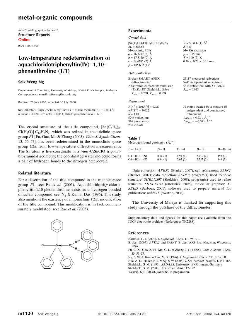 Pdf Low Temperature Redetermination Of Aquachloridotriphenyltin Iv 1 10 Phenanthroline 1 1