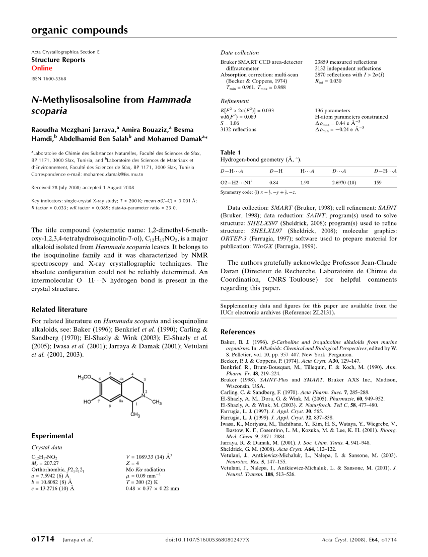 Pdf N Methylisosalsoline From Hammada Scoparia