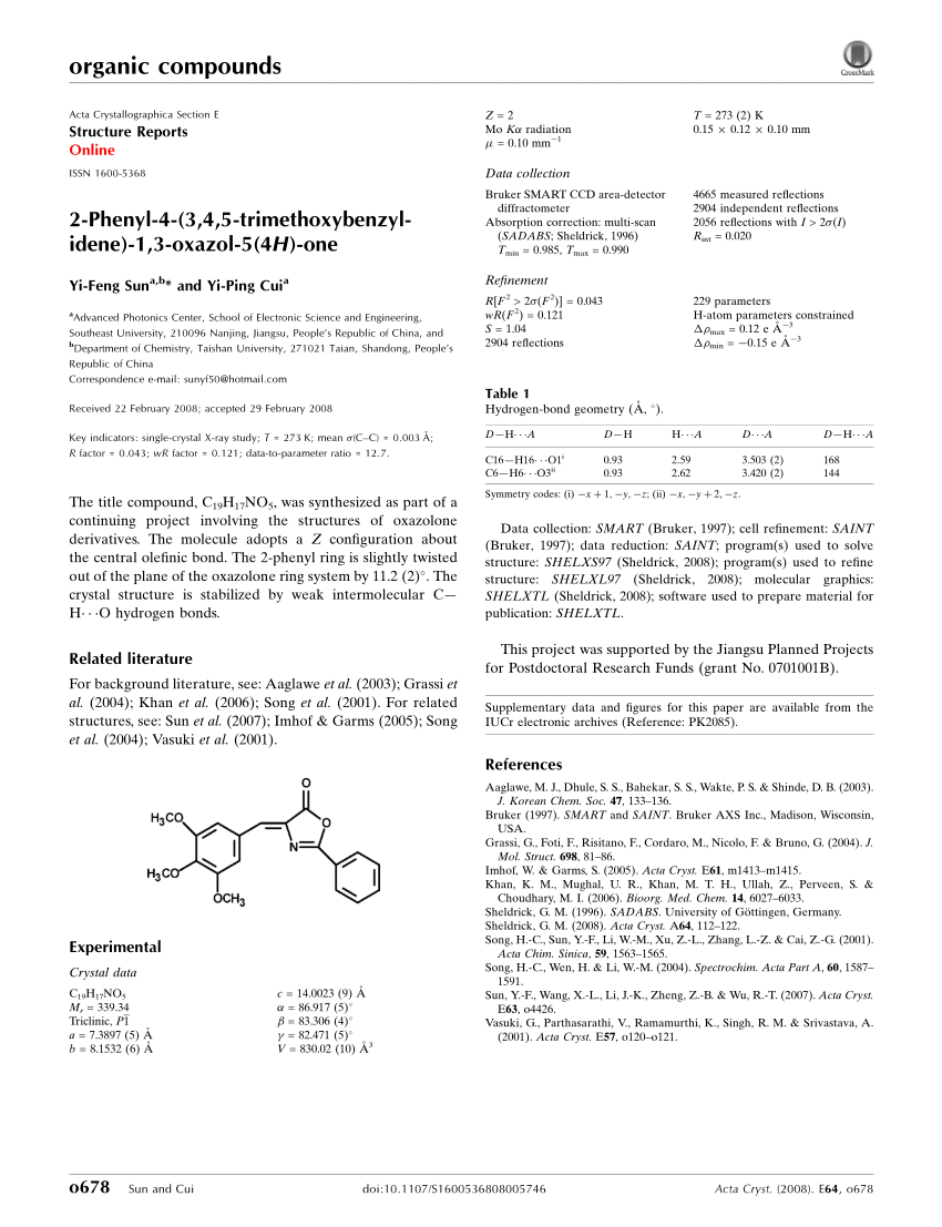 Pdf 2 Phenyl 4 3 4 5 Trimethoxybenzylidene 1 3 Oxazol 5 4h One