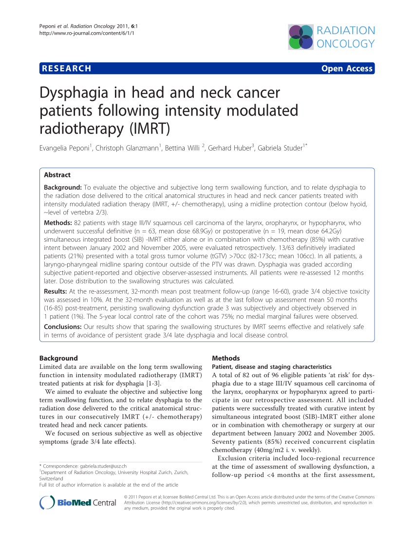 Pdf Dysphagia In Head And Neck Cancer Patients Following Intensity Modulated Radiotherapy Imrt 