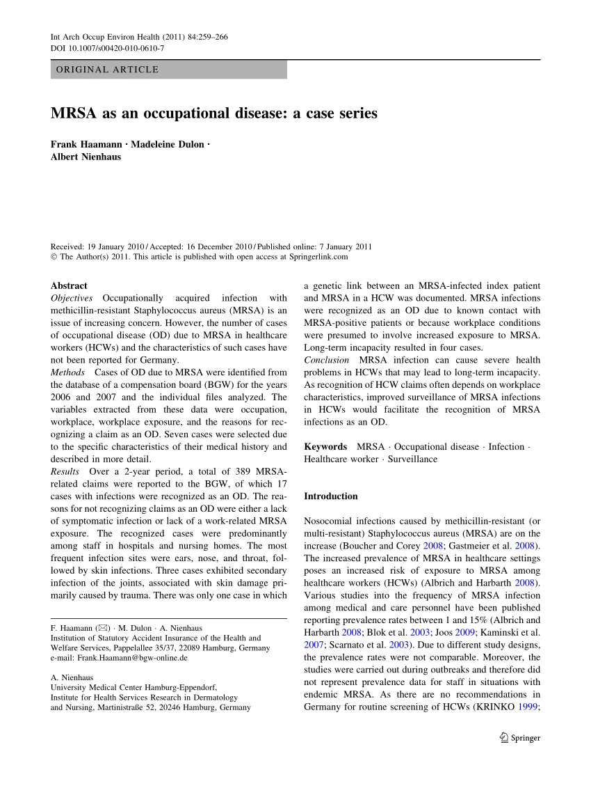 PDF MRSA as an occupational disease: A case series