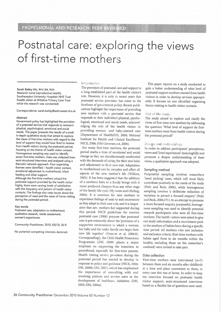 Pdf Postnatal Care Exploring The Views Of First Time Mothers