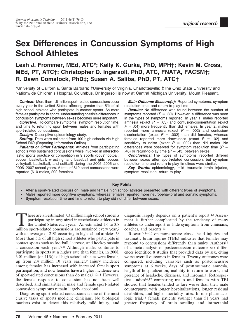 Pdf Sex Differences In Concussion Symptoms Of High School Athletes 