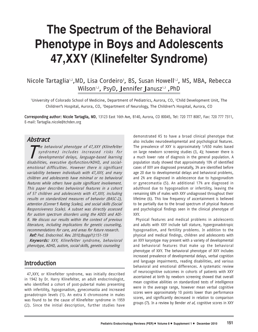 Pdf The Spectrum Of The Behavioral Phenotype In Boys And Adolescents 47xxy Klinefelter Syndrome 1132