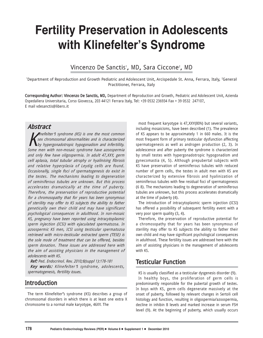 Pdf Fertility Preservation In Adolescents With Klinefelters Syndrome 8149