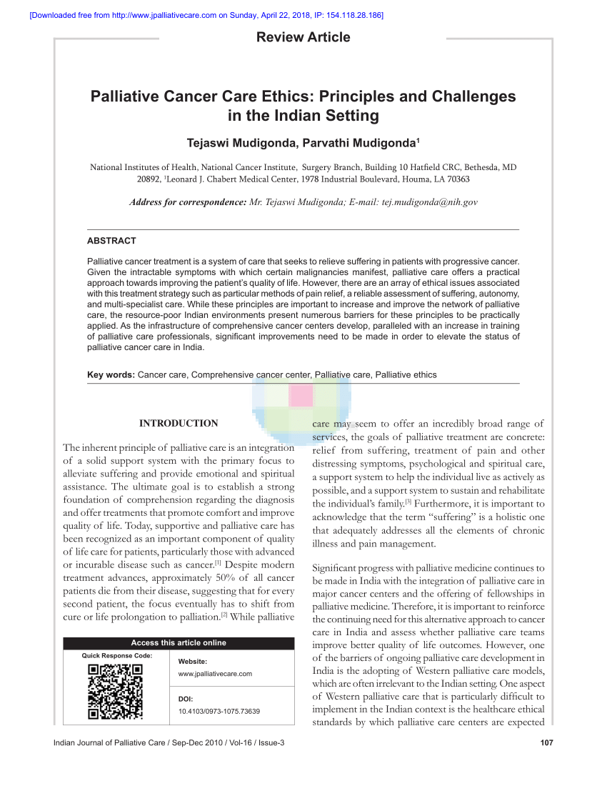 Pdf Palliative Cancer Care Ethics Principles And Challenges In