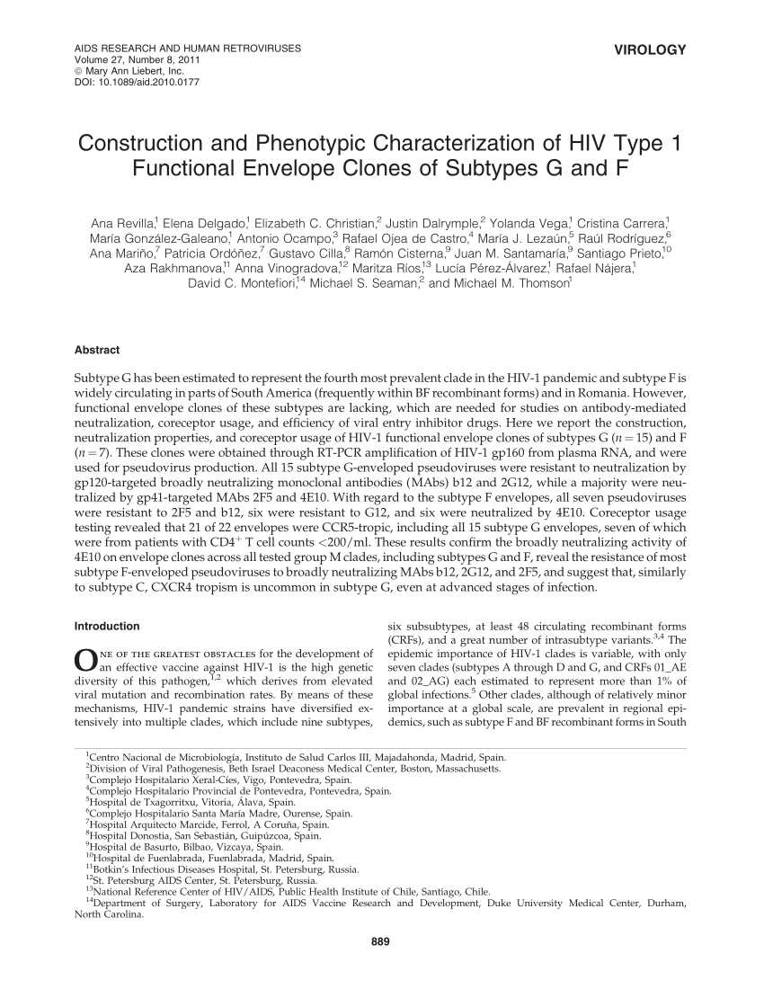Pdf Construction And Phenotypic Characterization Of Hiv Type 1 Functional Envelope Clones Of Subtypes G And F