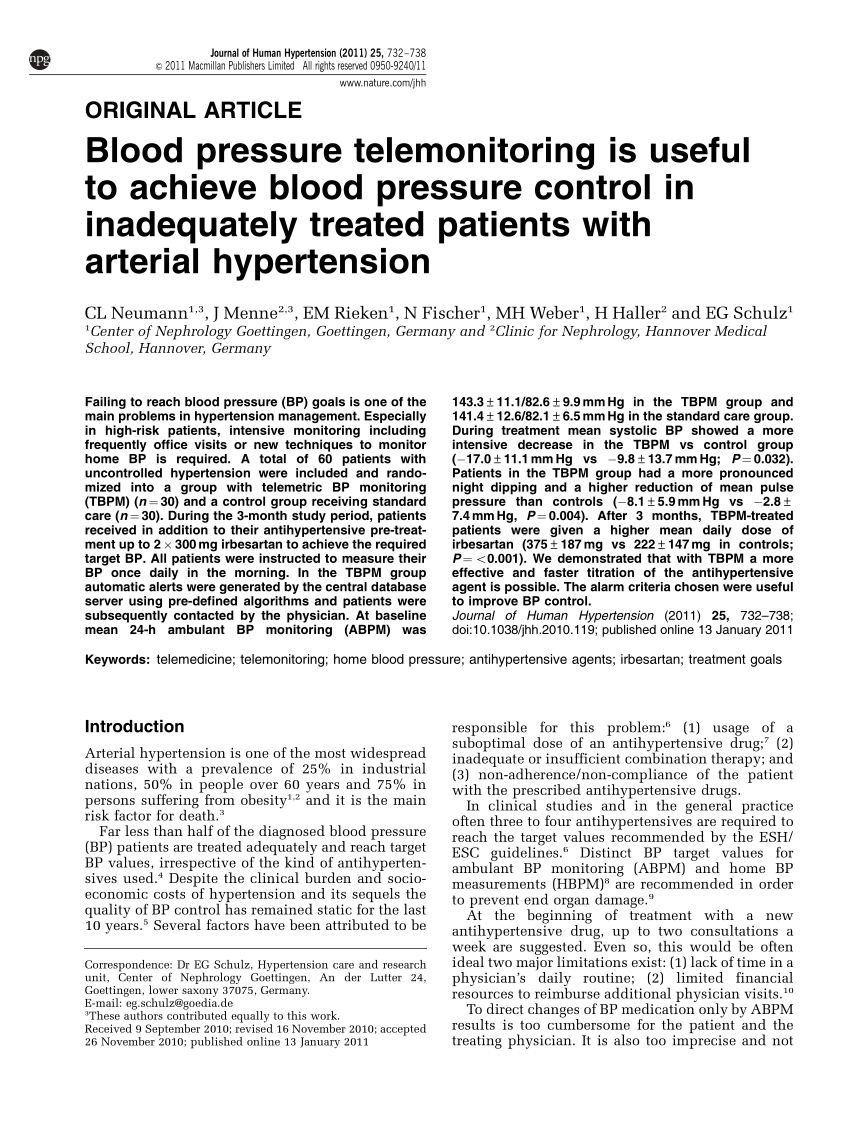 Pdf Blood Pressure Telemonitoring Is Useful To Achieve Blood Pressure Control In Inadequately Treated Patients With Arterial Hypertension