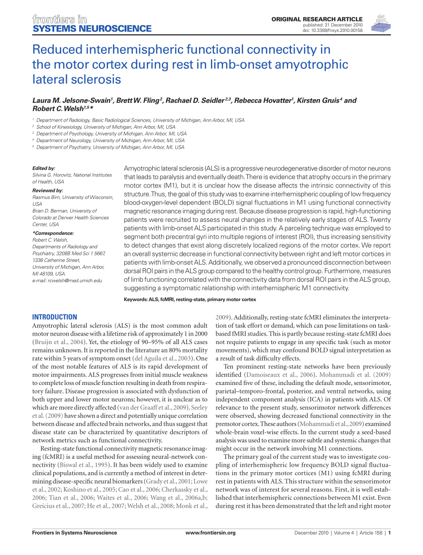 Pdf Reduced Interhemispheric Functional Connectivity In The Motor