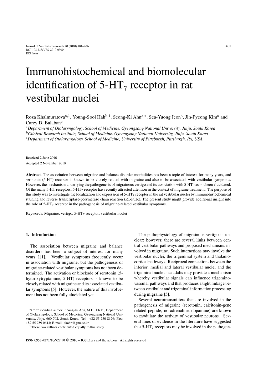 Pdf Immunohistochemical And Biomolecular Identification Of 5 Ht7 Receptor In Rat Vestibular Nuclei