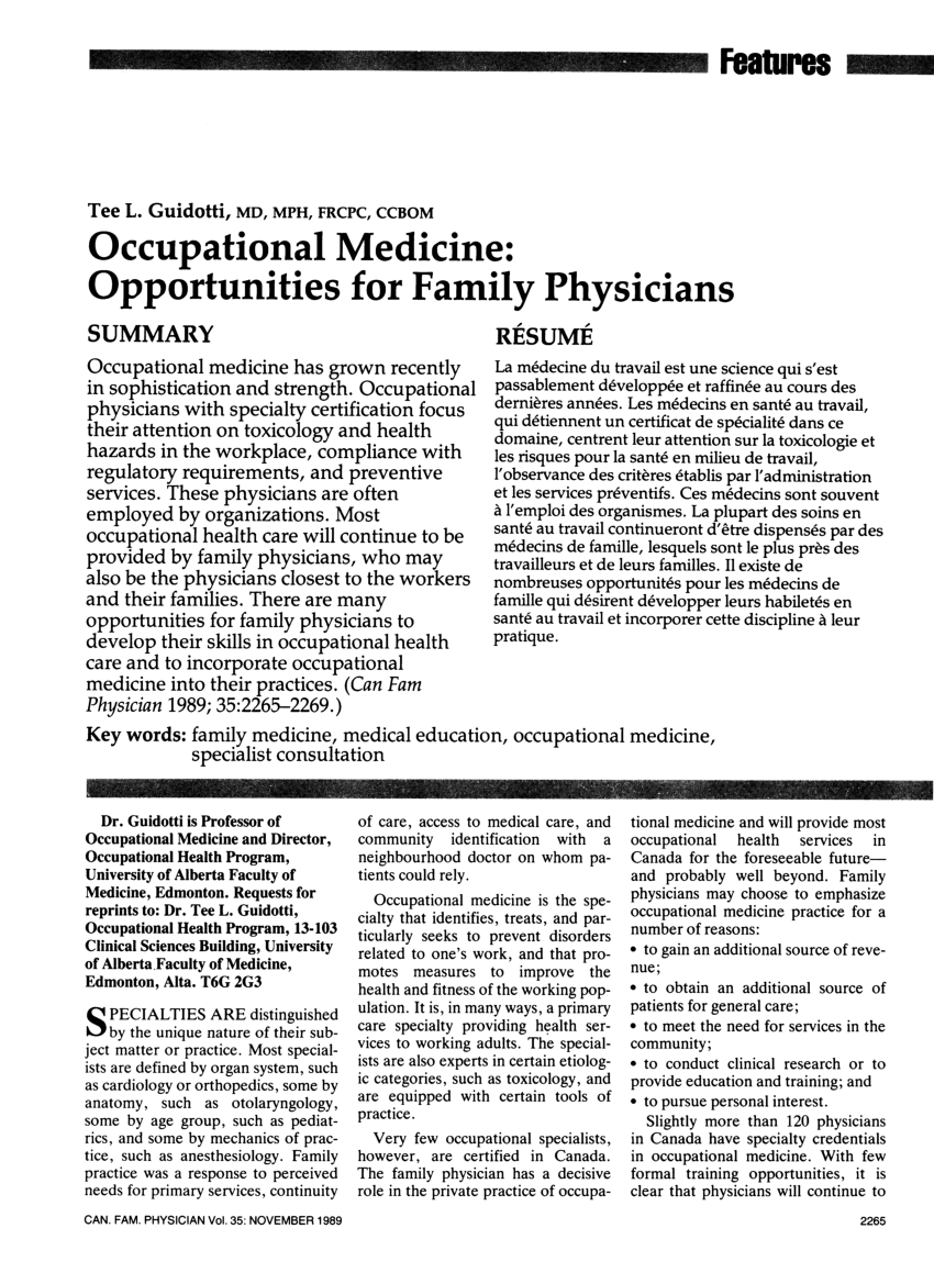 Pdf Occupational Medicine Opportunities For Family Physicians