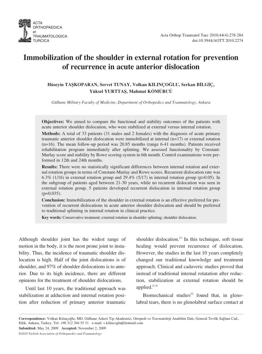 PDF) Immobilization of the shoulder in external rotation for prevention of  recurrence in acute anterior dislocation