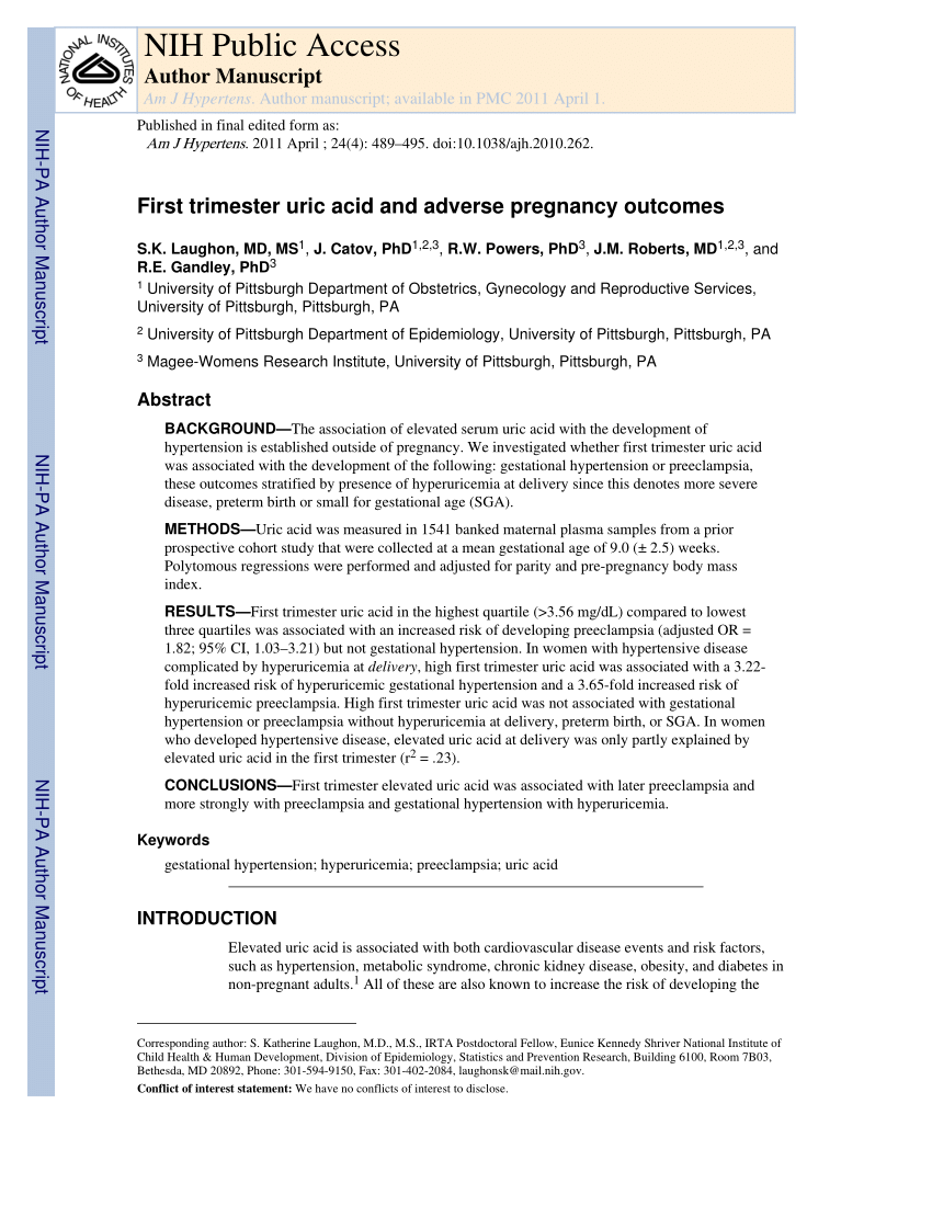 (PDF) First Trimester Uric Acid and Adverse Pregnancy Outcomes