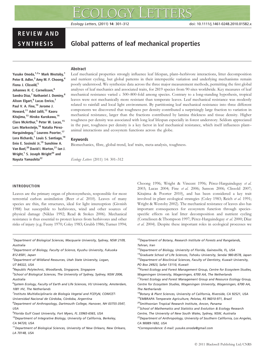 (PDF) Global patterns of leaf mechanical properties