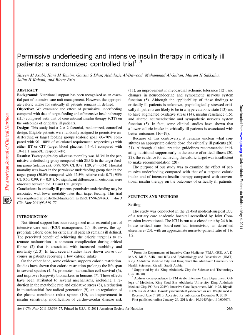 Pdf Permissive Underfeeding And Intensive Insulin Therapy In 6872