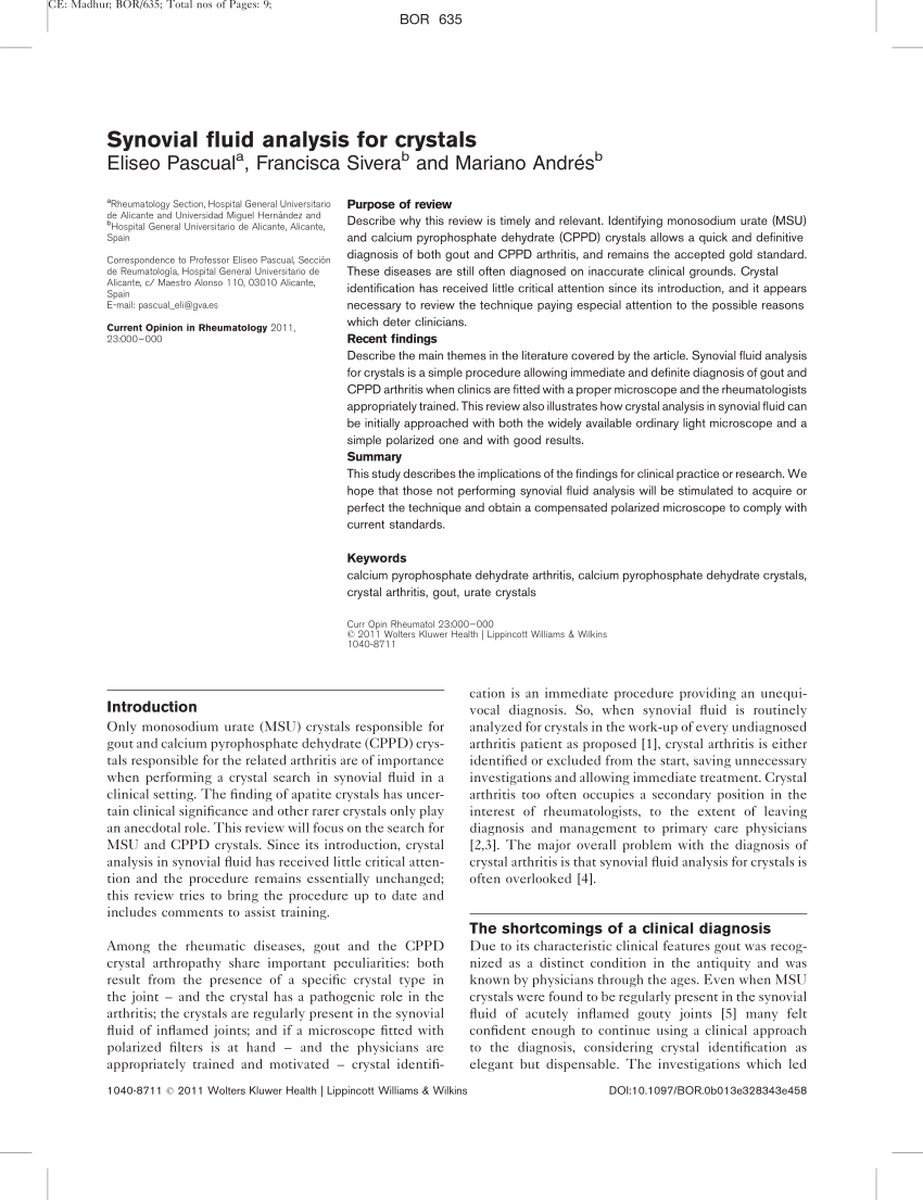 (PDF) Synovial fluid analysis for crystals